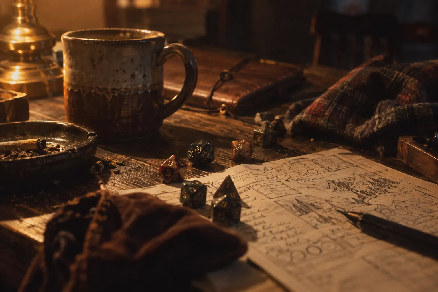 A flannel-clad tabletop player rolls dice beside mugs, snacks, and a lighter