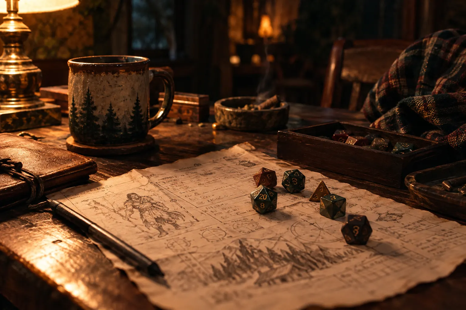 Flannel-clad tabletop players with dice, mugs, snacks, and character sheets