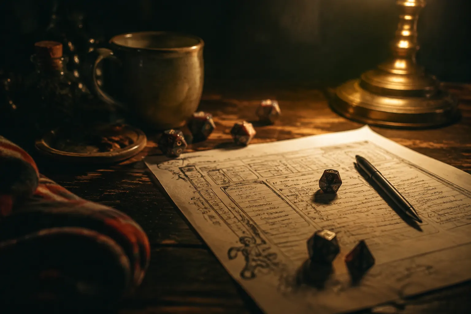 Flannel shirt, dice, snacks, mug, and lighter on a rustic tabletop