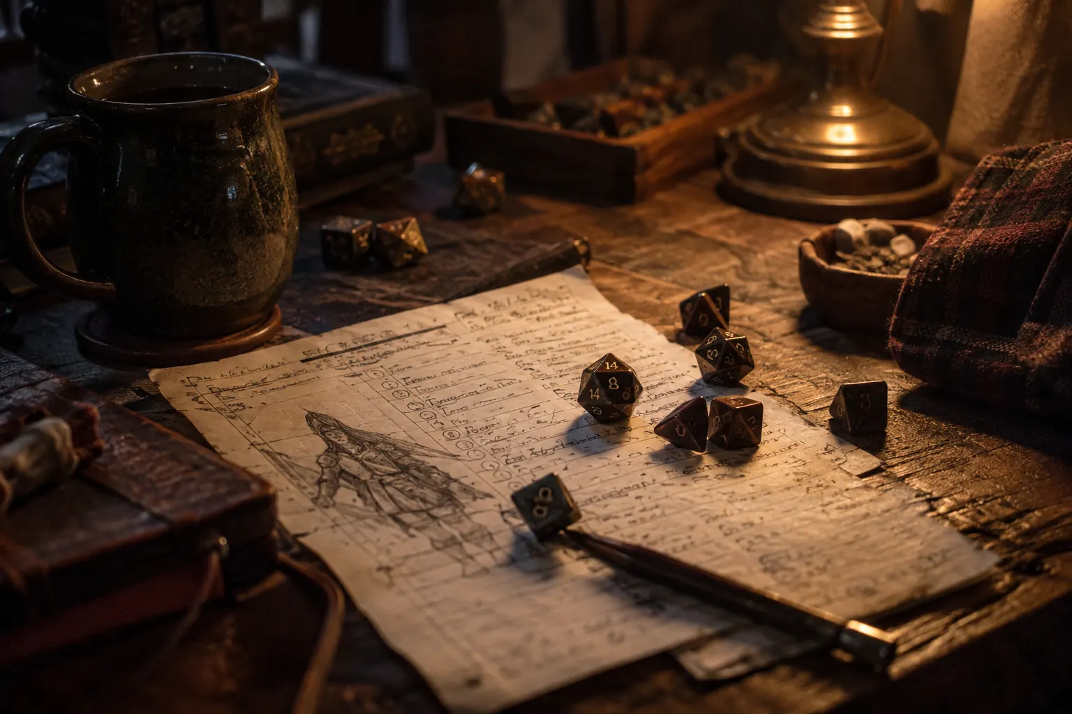 Dice, snacks, mugs, and a spooky shirt arranged on a cozy game table