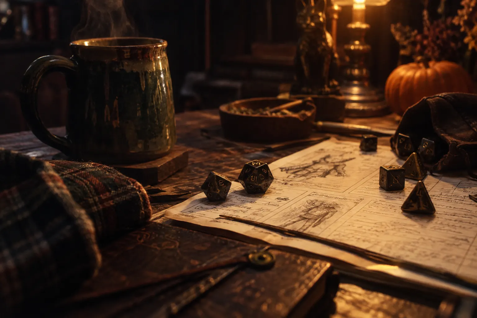 Friends in flannel gather around dice, mugs, character sheets, and snacks at a candlelit game table