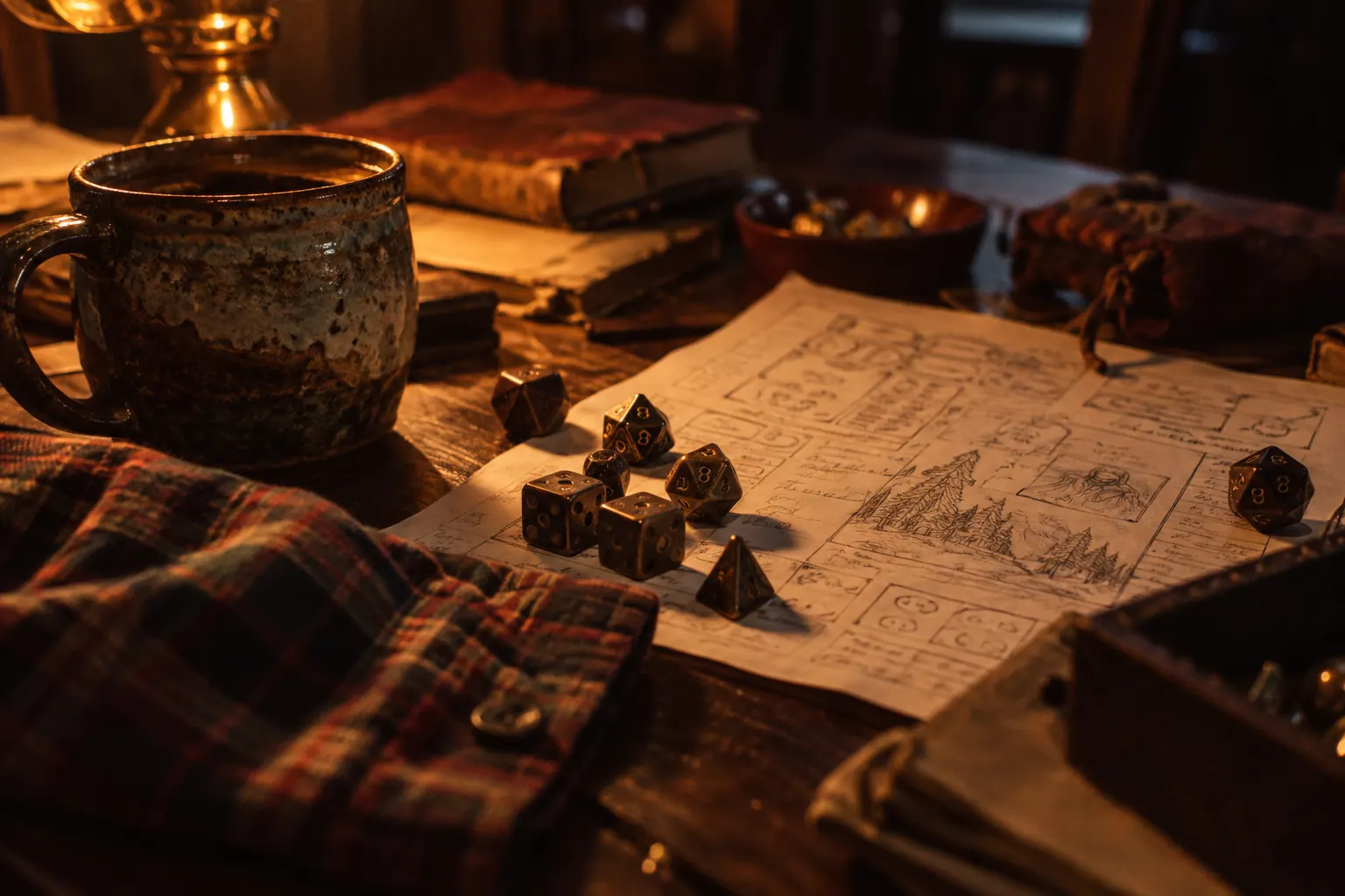 Flannel-clad friends play tabletop games beside mugs, dice, snacks, and autumn leaves