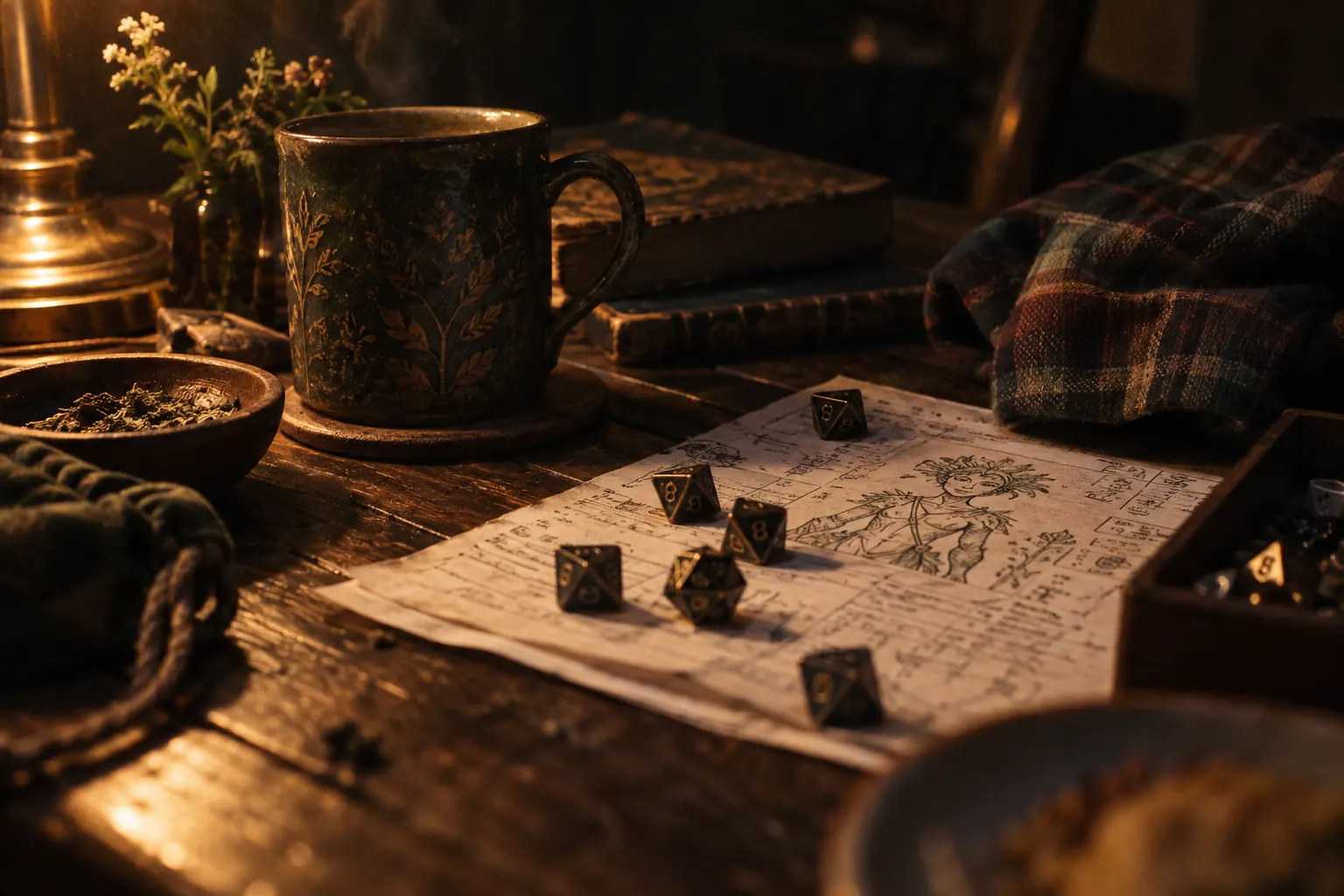 Person in a graphic tee and flannel rolls dice beside spring seedlings