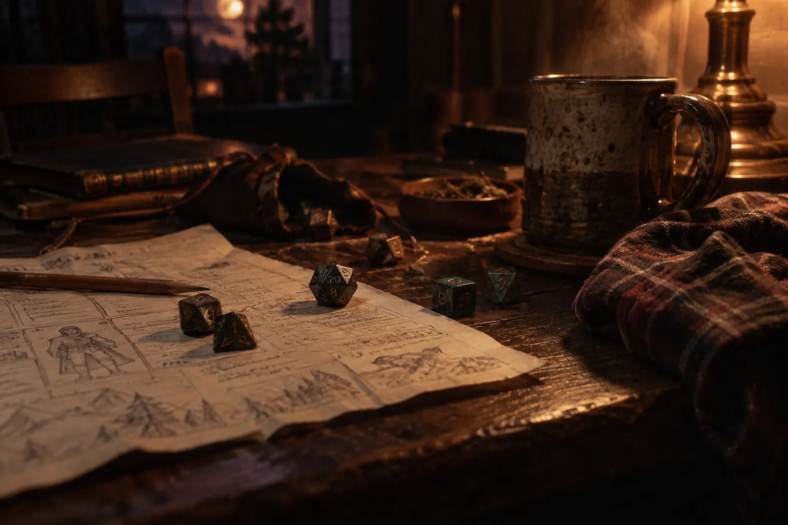 A flannel-clad tabletop player rolls dice beside mugs, snacks, and a lighter