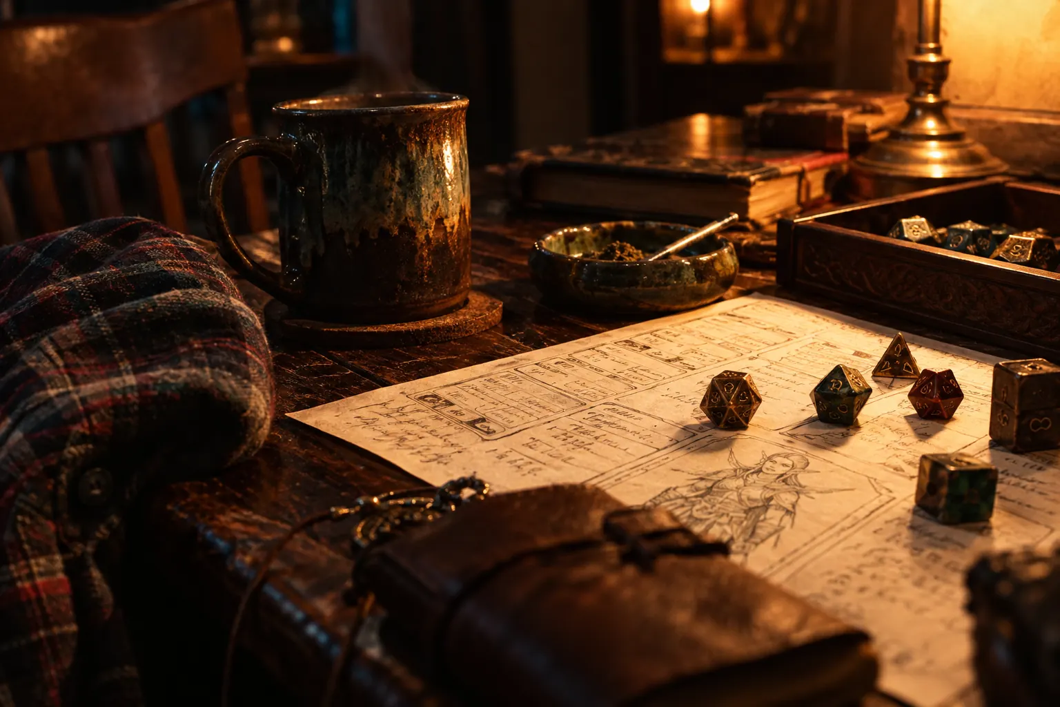 Dice, snacks, mugs, and character sheets on a sunny screen porch table