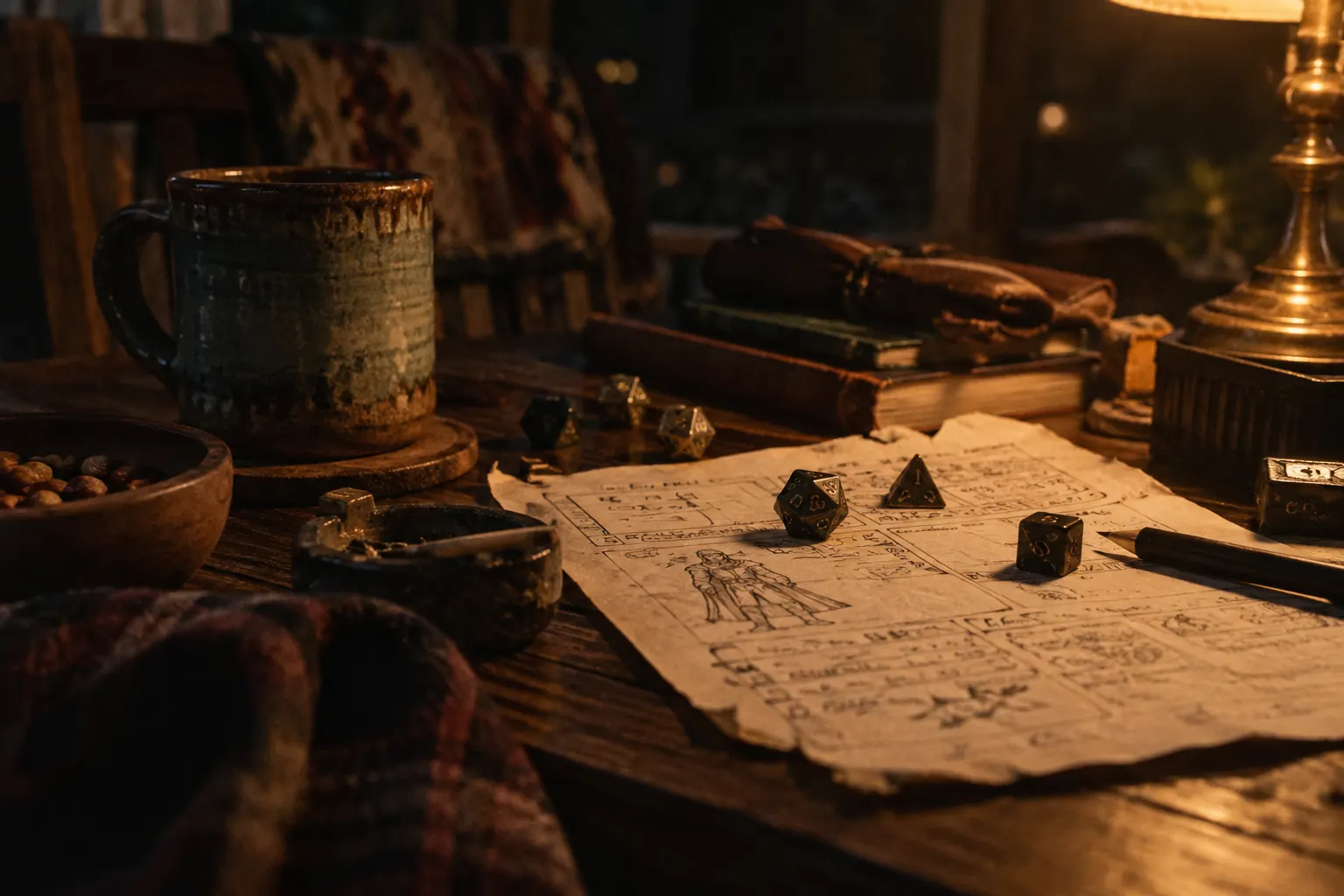 Dice, snacks, mugs, and character sheets on a sunny screen porch table