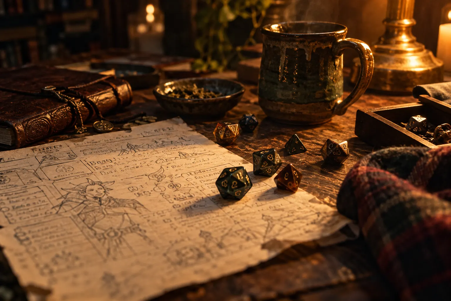 Folded graphic shirt beside dice, mugs, snacks, flannel, and character sheets