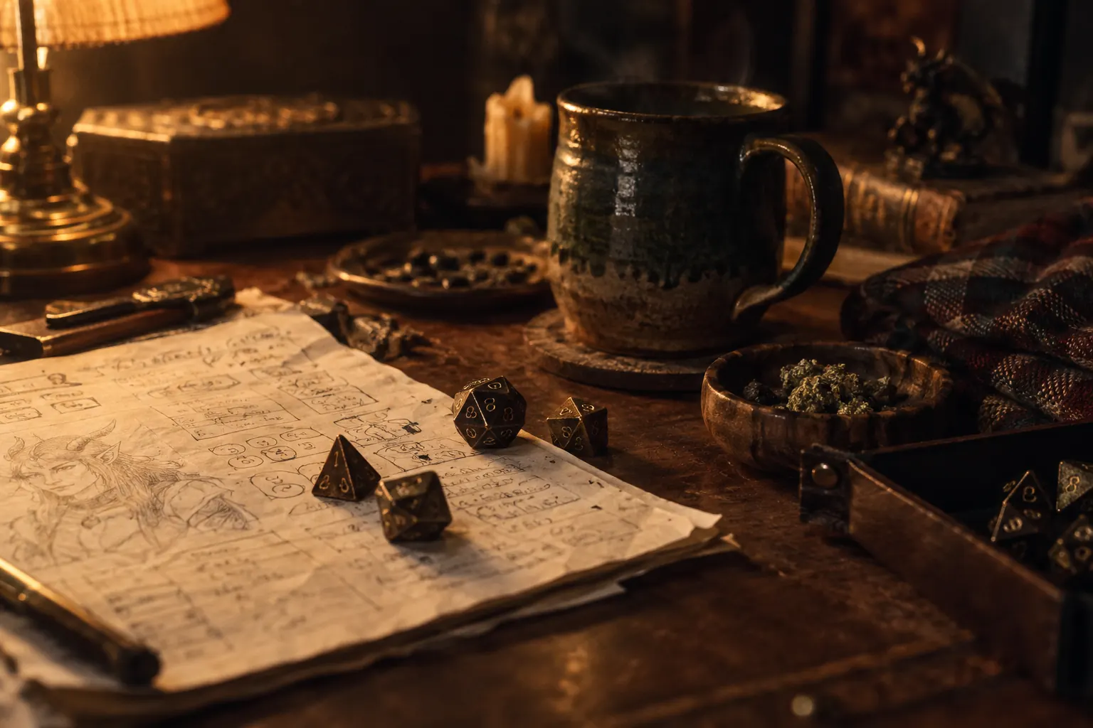Dice-filled tabletop beside a mug, flannel, character sheets, snacks, and lighter
