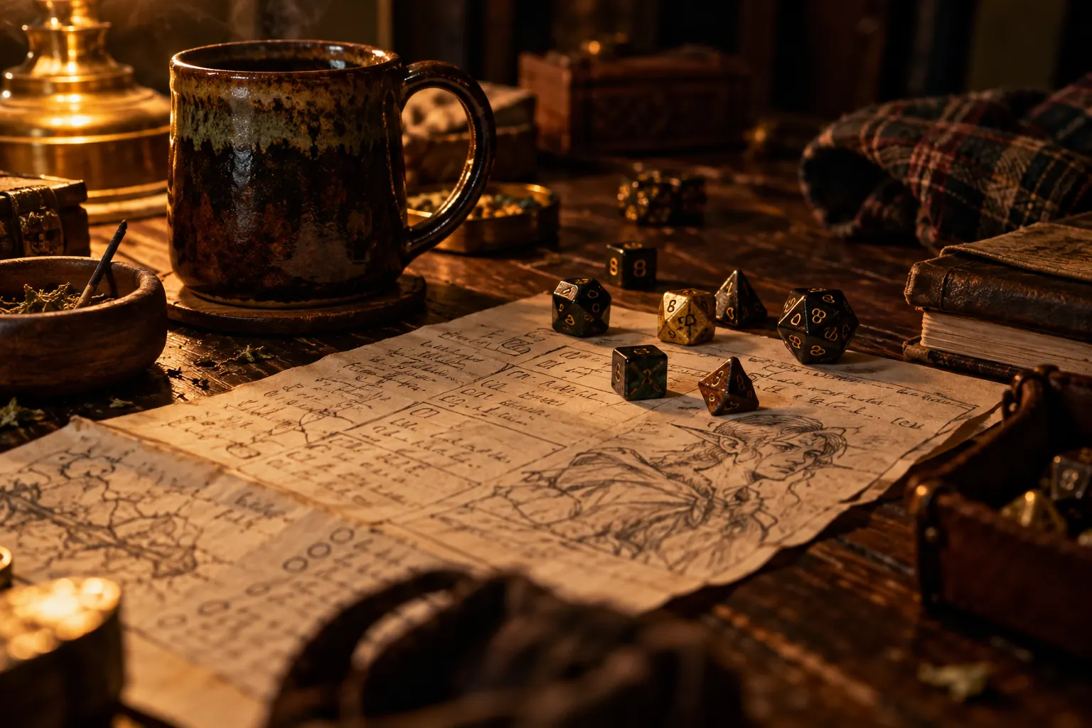 A dice-filled tabletop with mugs, snacks, character sheets, flannel, and a lighter.