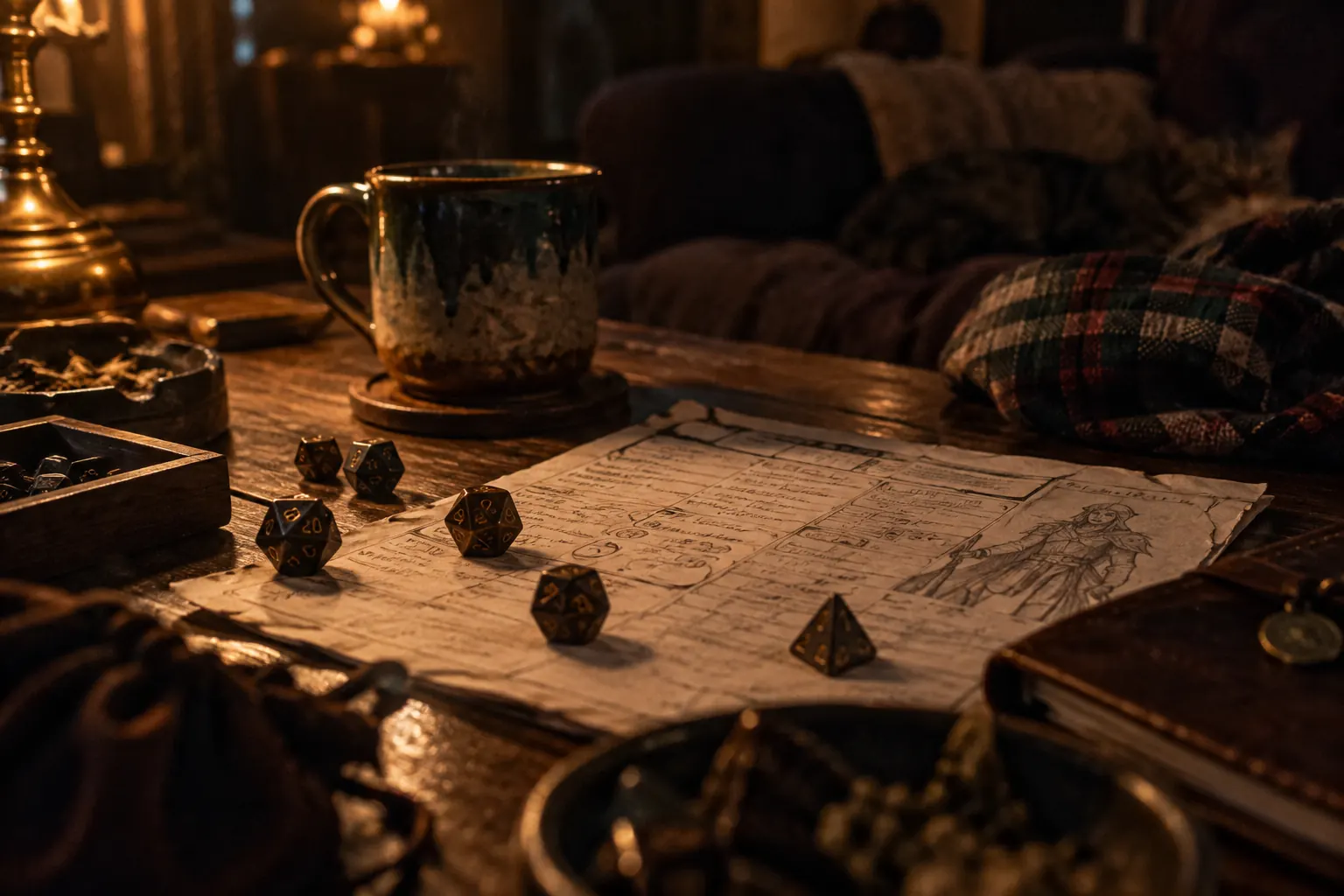 A tabletop player in flannel rolling dice beside mugs, snacks, and character sheets