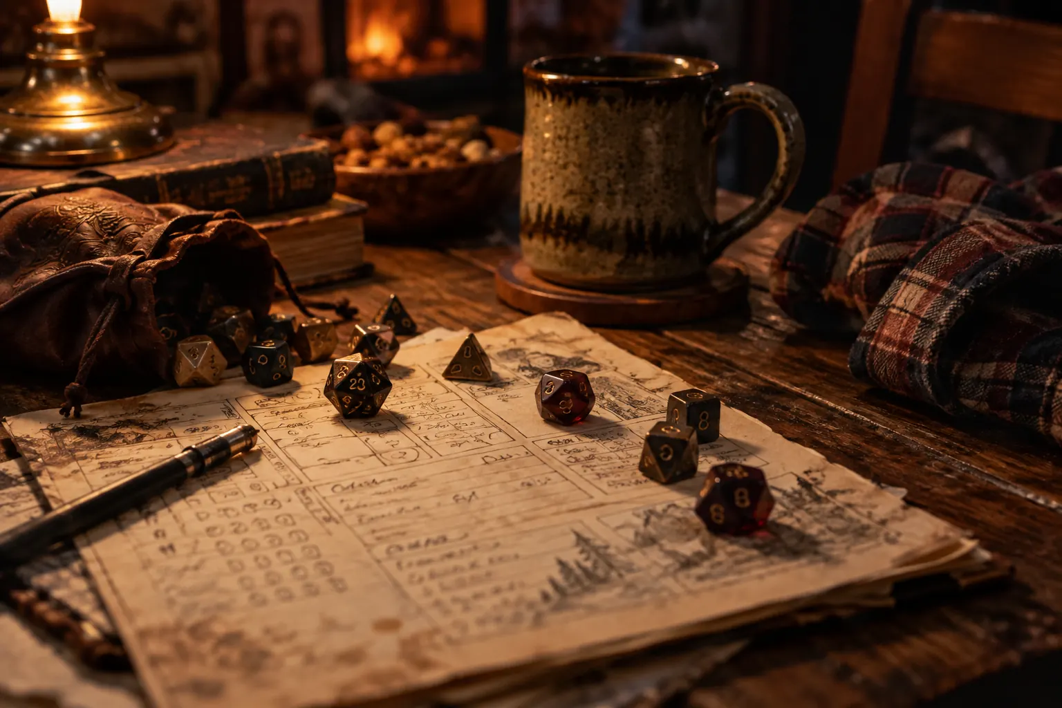 Flannel-clad friends roll dice beside mugs, snacks, and character sheets at a table