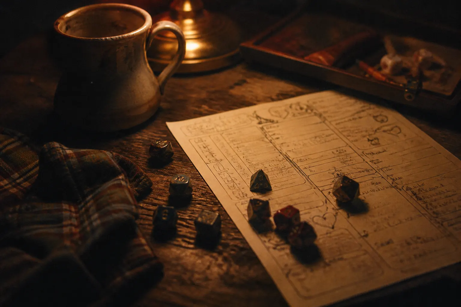 Player in flannel rolls dice beside seedlings, mugs, snacks, and character sheets