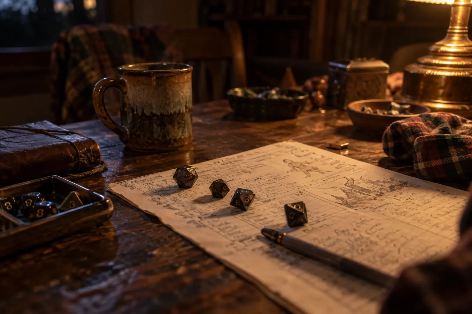 Dice, flannel, mugs, character sheets, snacks, and a lighter on a wooden table