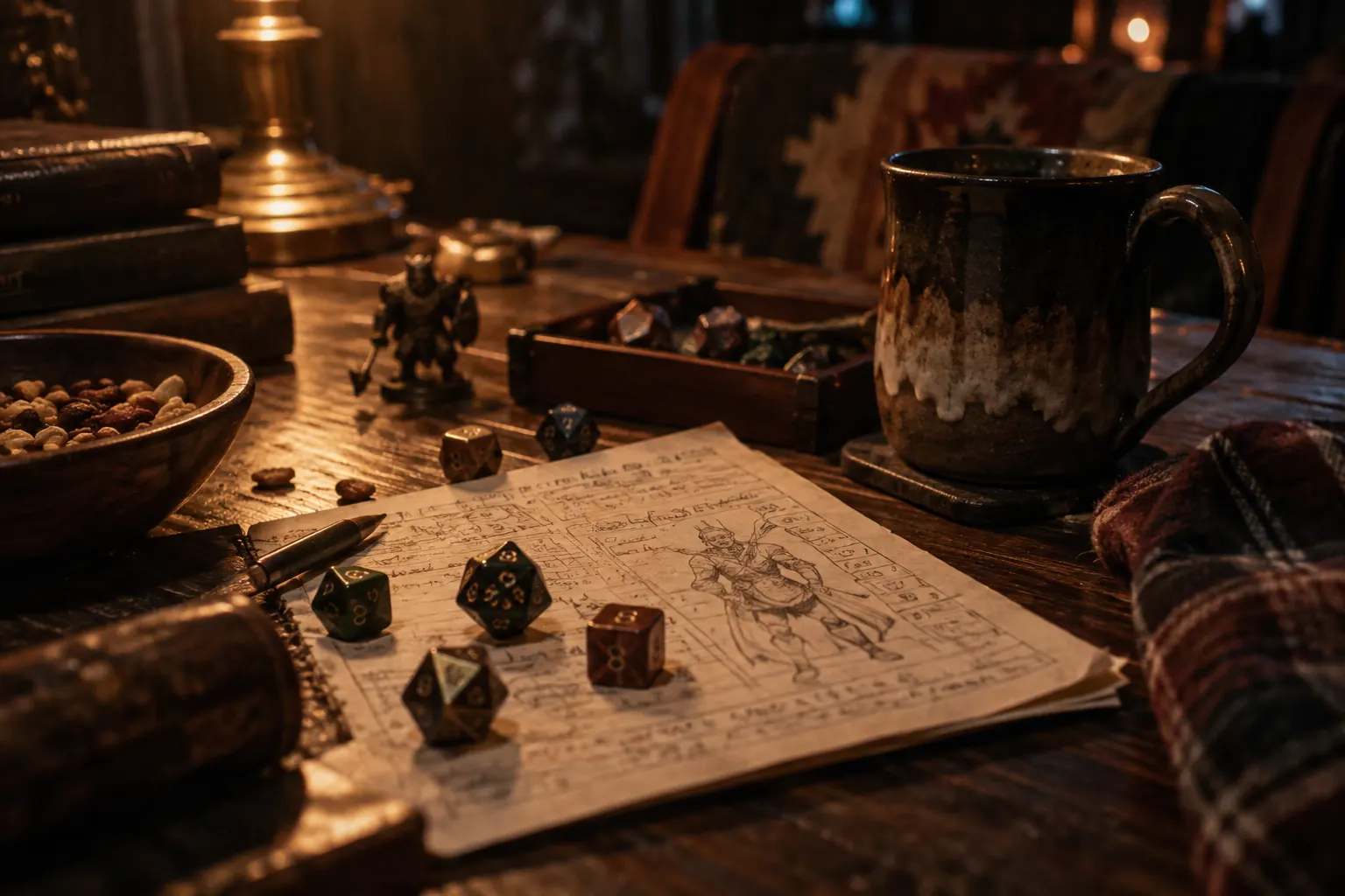 Dice, snacks, mugs, and character sheets scattered across a cozy wooden game table