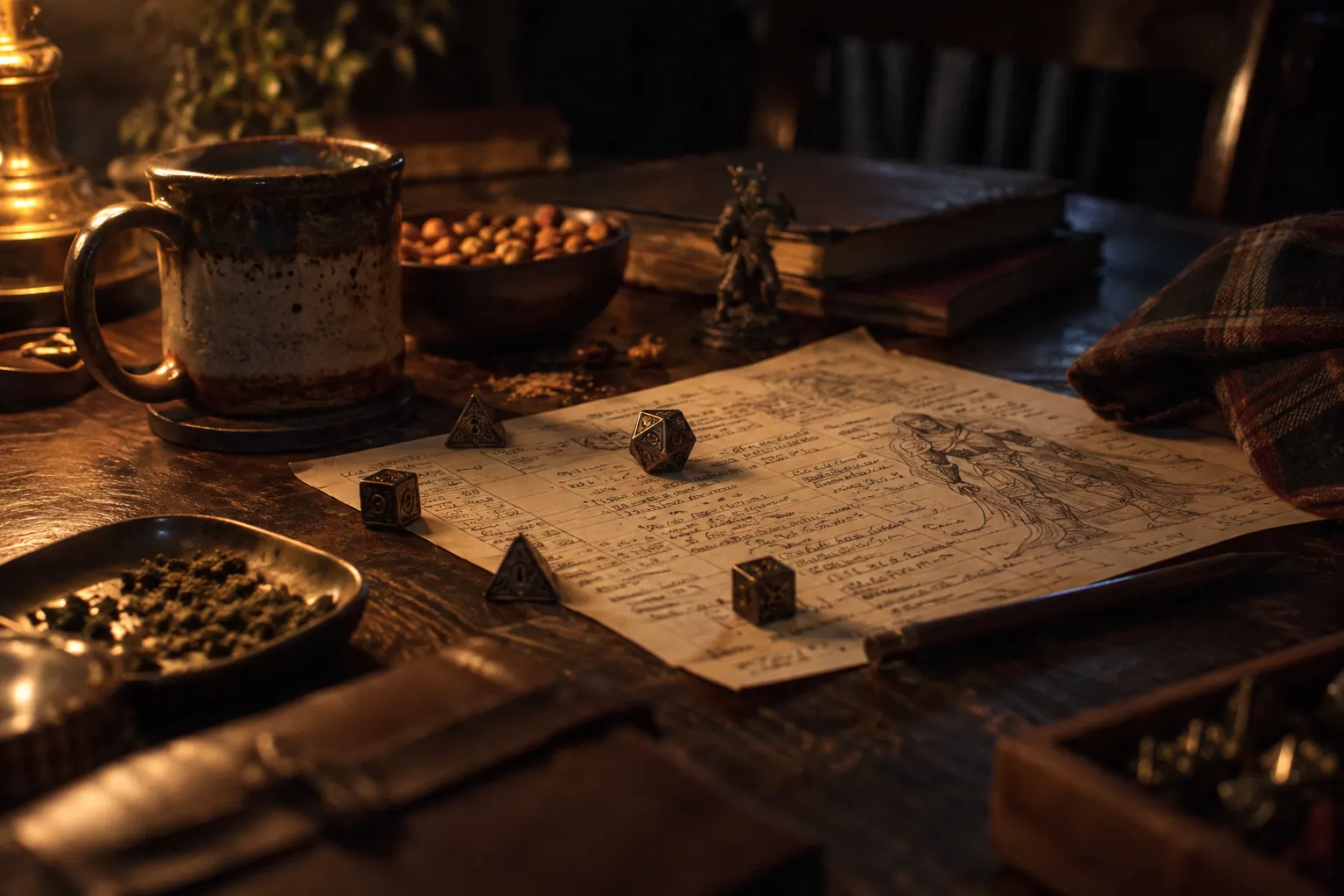 Dice, snacks, mugs, flannel, and character sheets gathered on a cozy game table