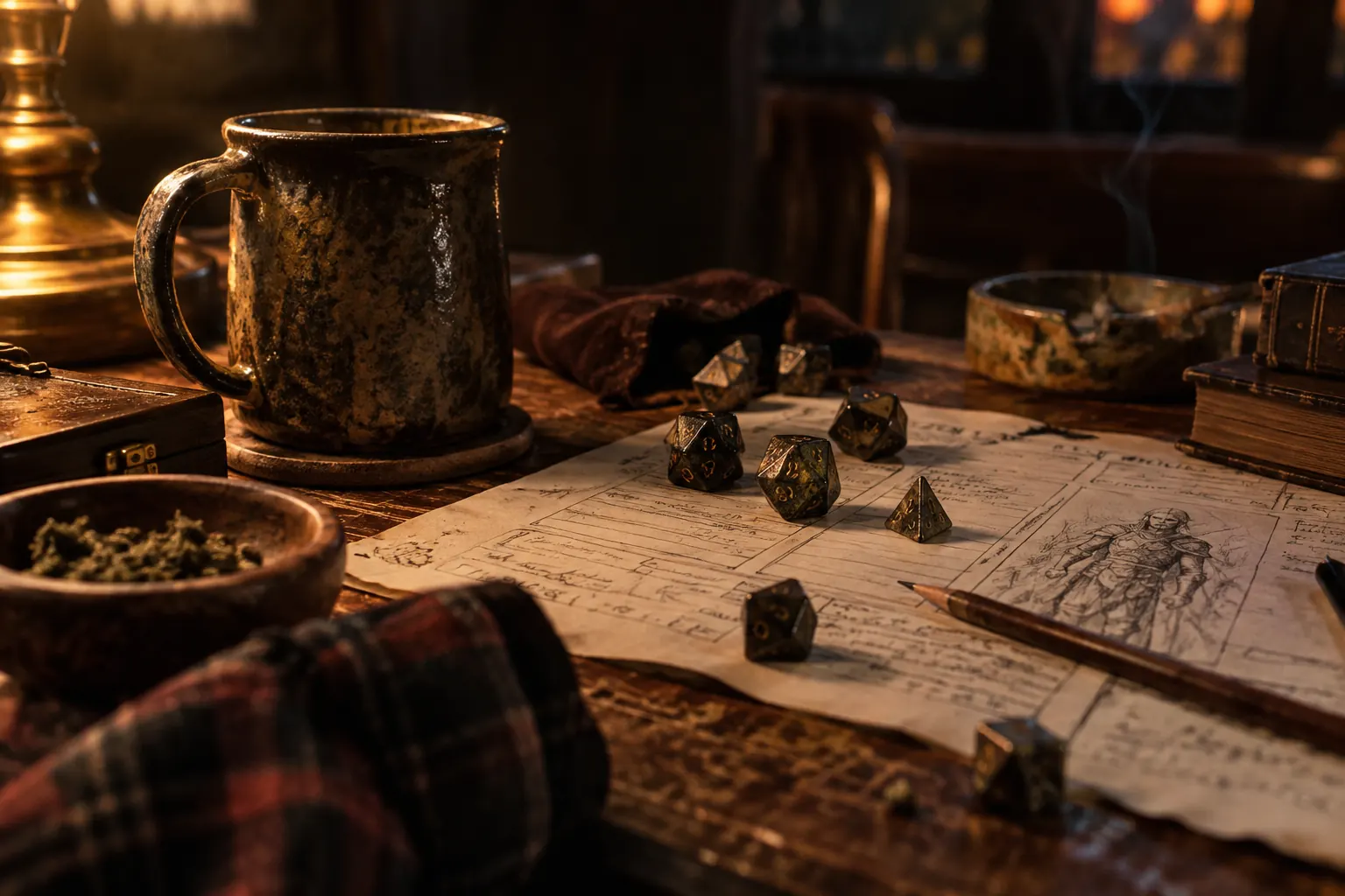 Dice, snacks, mugs, flannel, and character sheets on a cozy game table