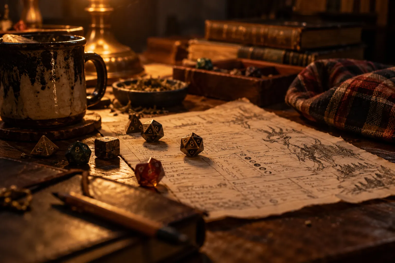 Dice, snacks, flannel, mugs, and character sheets scattered across a cozy game table