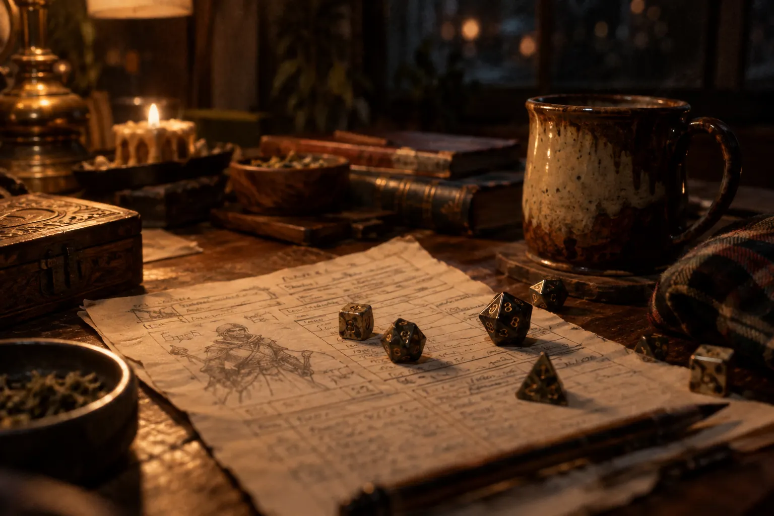 A flannel-clad player rolls dice beside snacks and a glowing space-themed shirt