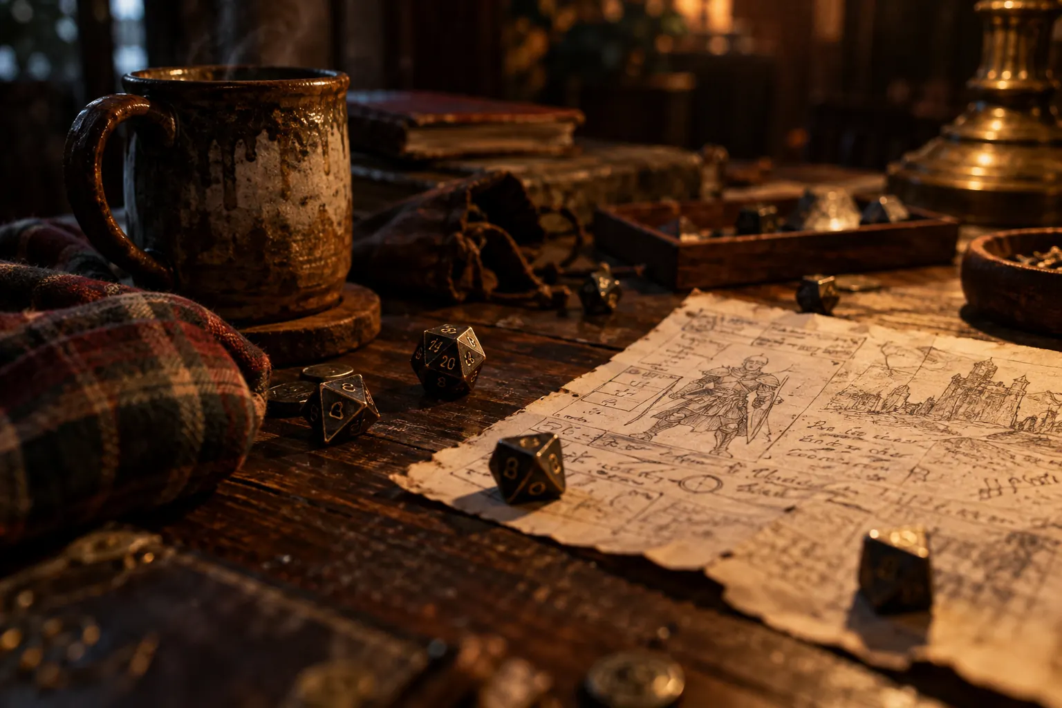 Dice, snacks, mugs, flannel, and character sheets on a cozy game table