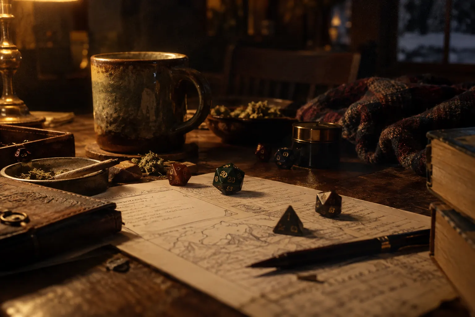 Flannel, dice, character sheets, snacks, and a mug on a wooden game table