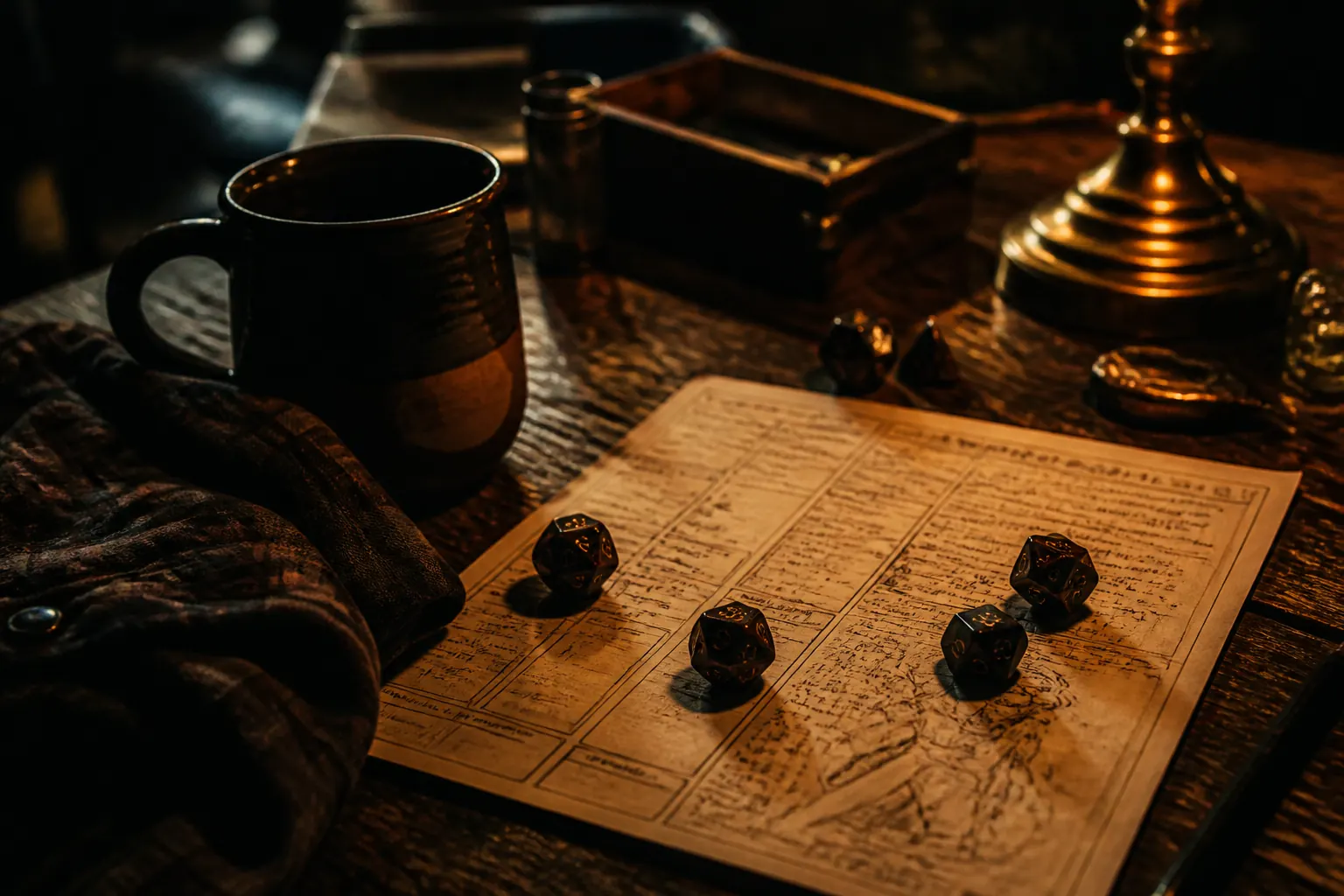Dice, mug, flannel shirt, snacks, and lighter on a cozy tabletop