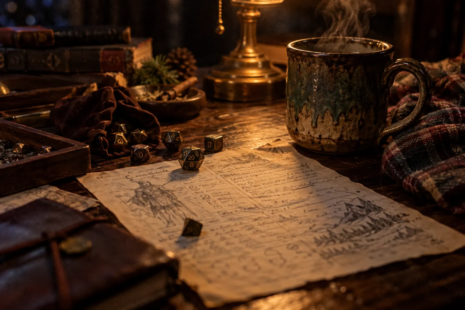 Flannel-clad tabletop player holds dice beside mugs, snacks, and winter candlelight
