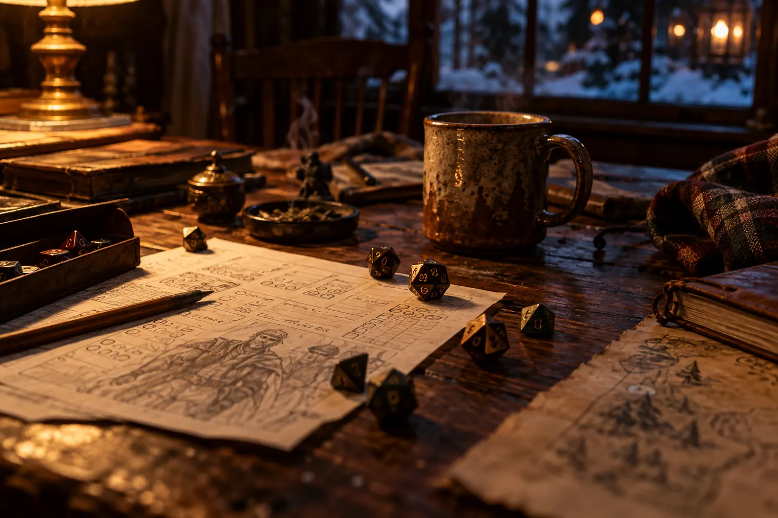 A flannel-clad tabletop player rolls dice beside a mug, snacks, and a snowy window.