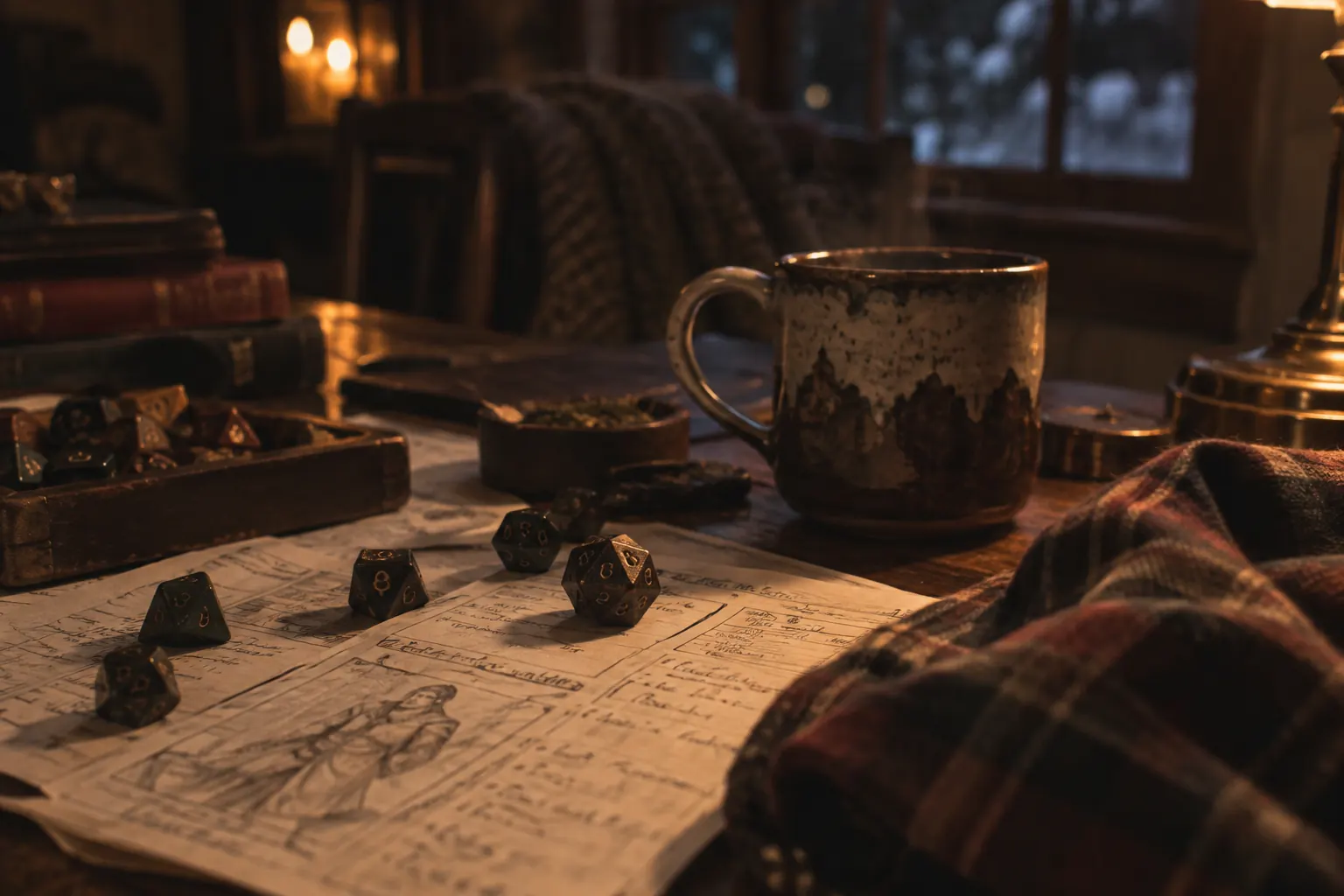 Foggy winter window behind dice, mugs, snacks, flannel, and character sheets on table