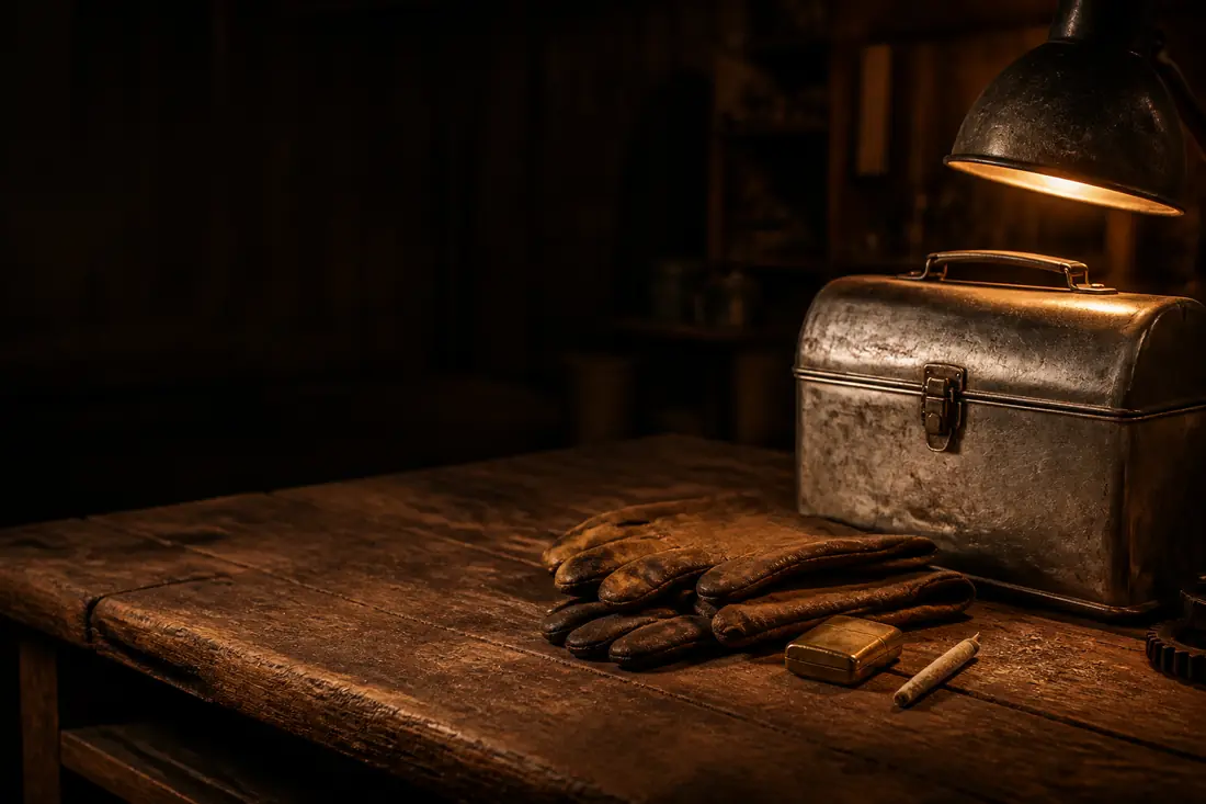 A dim workshop workbench holds worn brown leather gloves, a dented metal lunchbox, a brass lighter, and a rolled cigarette under a hanging industrial lamp.