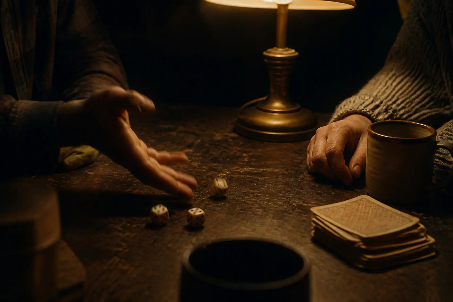 Two pairs of hands mid-game at a lamplit table
