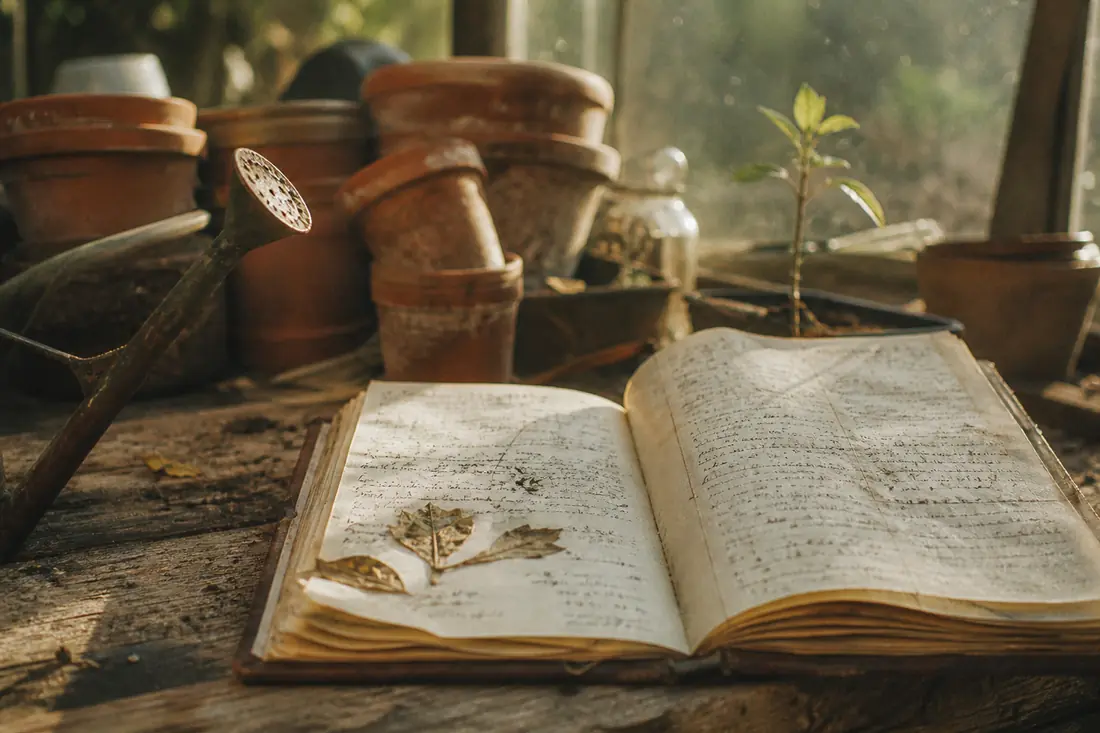 An open garden journal on a pine bench beside terracotta pots