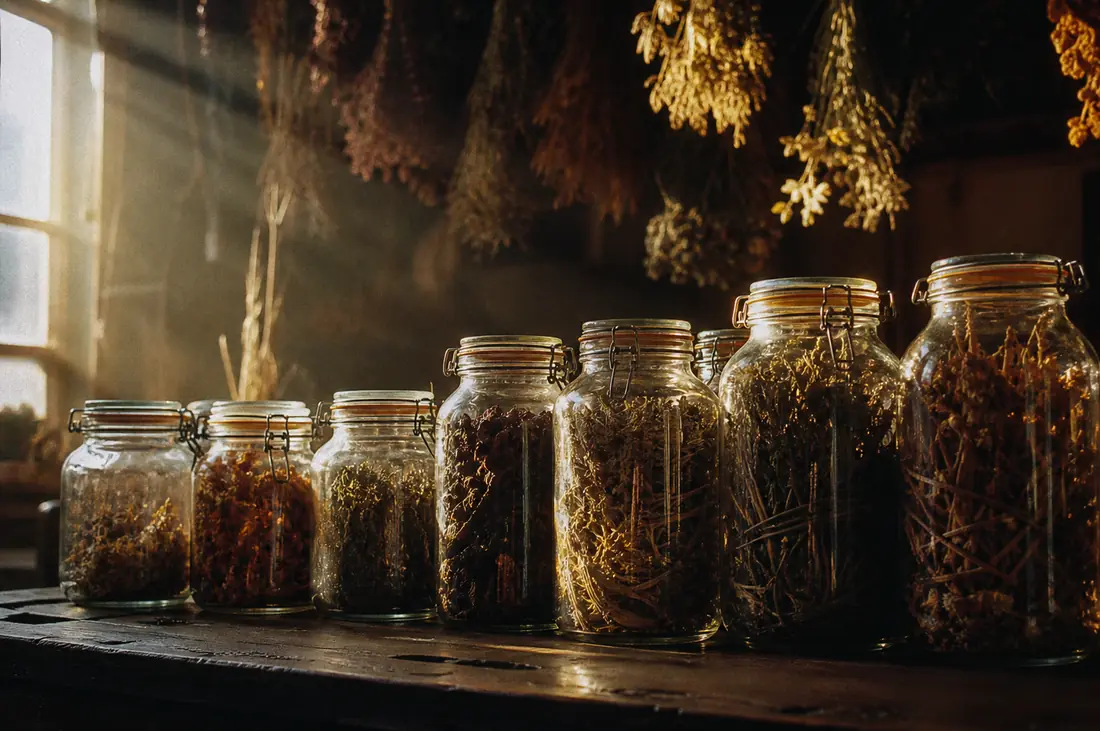Clamp-lid jars of dried herb bundles in raking autumn light