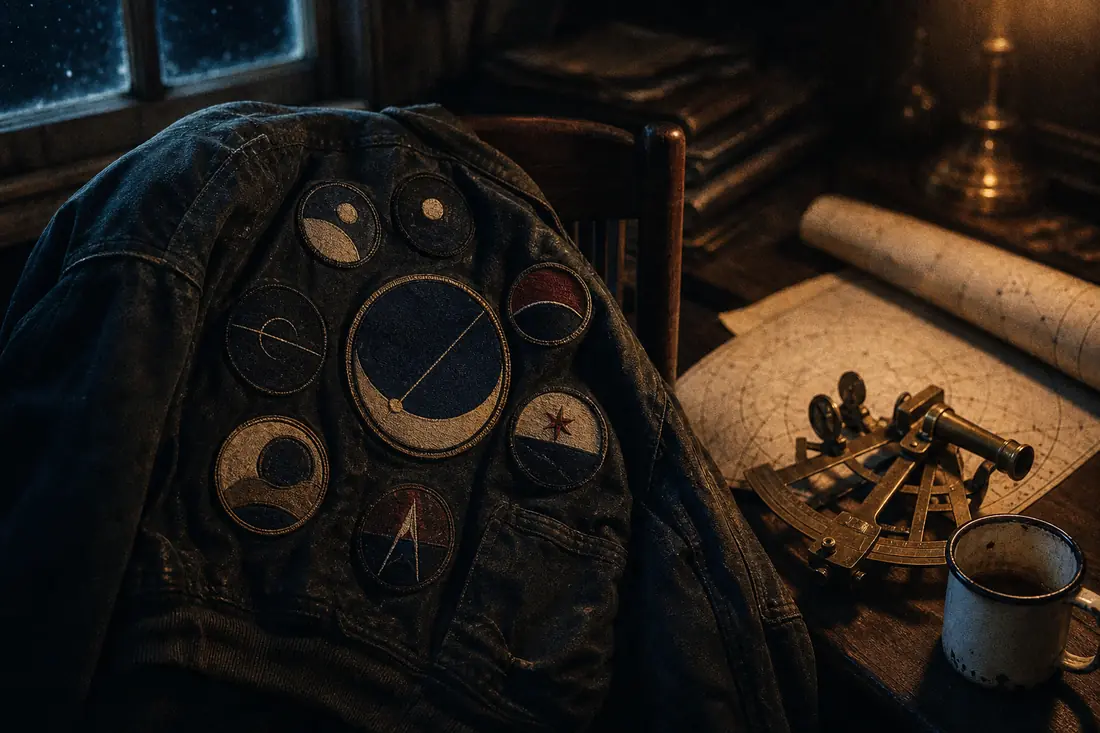 Embroidered patches on a canvas jacket beside a rolled star chart